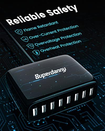 High-Efficiency 8-Port USB Charging Station by SUPERDANNY – Compact Multi-Device Hub for i Phone, i Pad, Galaxy, Air Pods & More – Advanced Safety Features for Fast, Reliable Charging in Home or Office Environments
