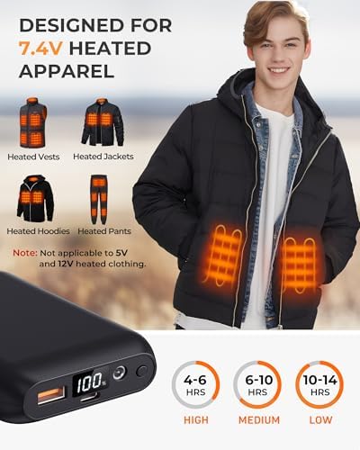 Ultimate Heated Vest Battery Pack – 7.4 V 16,000 m Ah Rechargeable Power Bank with LED Display, Versatile DC/USB/Type-C Output for Enhanced Compatibility with ORORO & Venustas Heated Jackets – Lightweight, Durable & Fast Charging Solution for Outdoor Enthusiasts