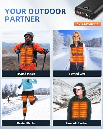 Rechargeable Heated Vest Battery Pack with LED Display for ORORO & Venustas – Versatile Power Bank for Heated Apparel, Includes Dual Adapter Cables for Enhanced Compatibility and Performance, Ideal for Outdoor Activities and Cold Weather Use