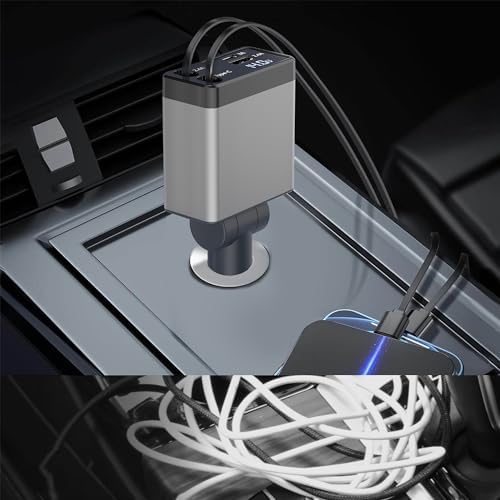 High-Performance 120 W Retractable Car Charger Adapter – Fast Charging Solution with 2.6 ft Cables, 180° Adjustable Design, and Real-Time Voltage Display for Ultimate Device Compatibility and Convenience
