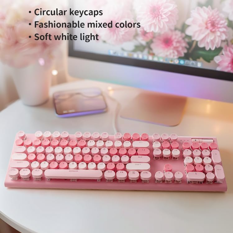 Charming Retro Pink Wired Keyboard with White Backlighting, Volume Control Knob, and Adjustable Stands – Perfect for Stylish Typing on PC or Laptop – Enhance Your Workspace Aesthetic Today!