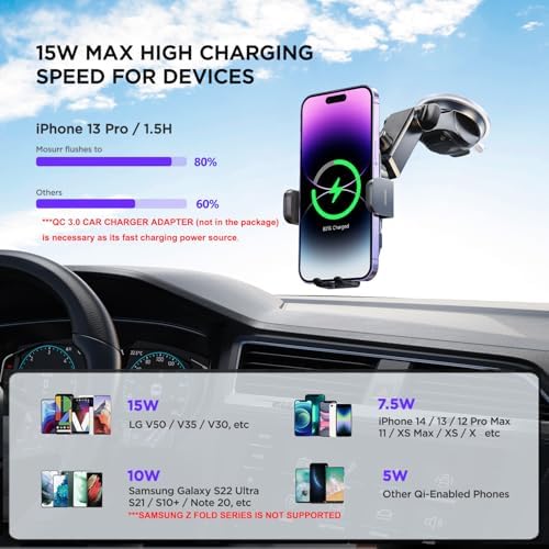 High-Speed Wireless Car Charger with Auto-Clamping Phone Mount and RGB Backlight – 15 W Qi-Compatible Charging for i Phone 15, 14, 13, 12 Mini, Pro Max, 11, XR, X, Samsung Galaxy S23 Ultra, S22, S21+ – Sleek Silver Design for Enhanced Aesthetics and Safety on the Road