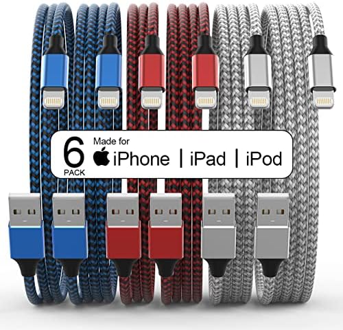 Apple MFi Certified 6 Pack Nylon Braided Lightning Cables – Fast Charging in Stylish Pastel Colors, Versatile Lengths (3 FT, 6 FT, 10 FT) for i Phone 14 Pro, 13 Mini, 12, 11 Pro Max, XR, XS, 8, 7, Plus, 6 S – Enhanced Durability & Quick Data Transfer