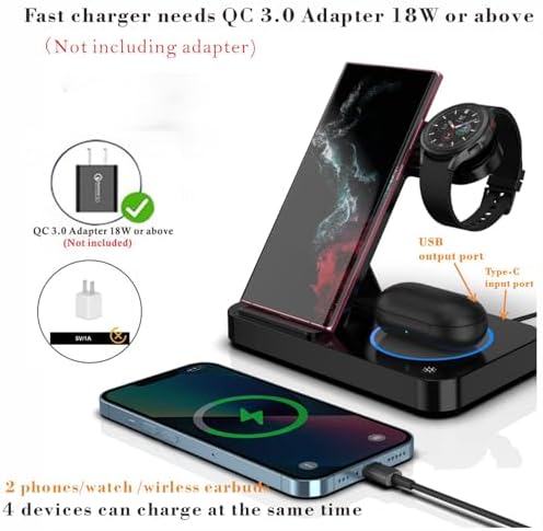 Multi-Device Wireless Charging Station for Samsung: 3-in-1 Fast Charger Stand for Galaxy S25, S24 Ultra, S23, Note 20, Z Flip 6, Fold 6, Galaxy Watch 7, 6, 5 & Buds – Sleek, Efficient Power Solution for Home & Travel