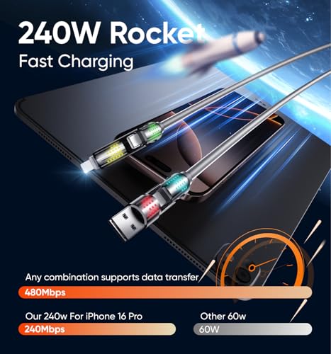 MAGIC JOHN 240W 4 in 1 Charging Cable, 4FT USB C to Lightning Cable [MFi Certified], Multi Chargers for All Devices, Chubby USB A/C to C/Lightning with Light for iPhone/MacBook/iPad/Samsung/Switch 2 – Enhanced Compatibility and Speed