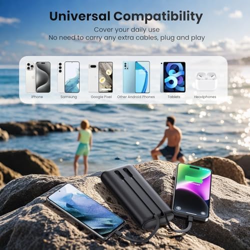 Ultra-High Capacity 40800 m Ah Portable Charger with Built-In Cables – 25 W PD USB C Fast Charging Power Bank – 5 Outputs & Dual Input for i Phone 16/15/14/13 & Samsung S23 – Stylish Pink Design for On-the-Go Charging Solutions