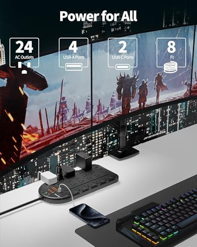 Ultimate Power Strip with 24 AC Outlets and 6 USB Ports, Including 2 High-Speed USB-C Ports, 3400 Joules Surge Protection, 10 Ft Heavy-Duty Flat Plug Extension Cord, Wall Mountable Design for Home and Office Use, ETL Listed for Safety Compliance