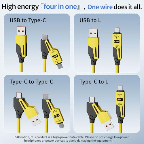 4 in 1 Spring Fast Charging Cable (2Pack), 65W USB-C PD Multi Fast Charging, 1.2m/4ft Coiled Retractable Cable for iPhone Samsung Laptop – Yellow+Green – Enhanced Compatibility and Speed