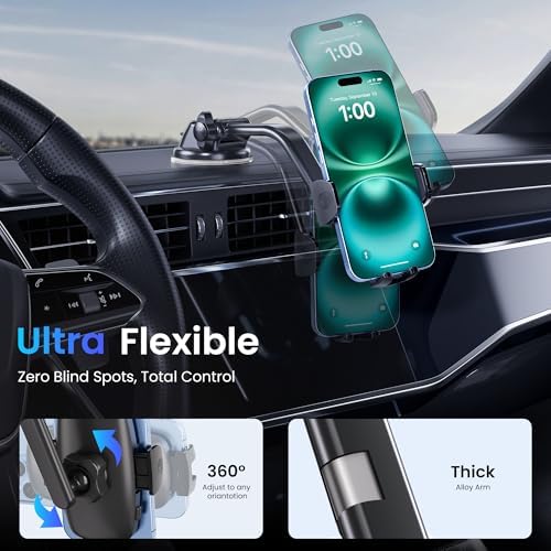 Universal Car Phone Holder with Super Suction Technology – Versatile Mount for Dashboard, Windshield, and Air Vent – Compatible with i Phone 16/15/14/13/12 Pro Max, Samsung & Android Smartphones – Hands-Free Convenience for Safe Navigation and Calls