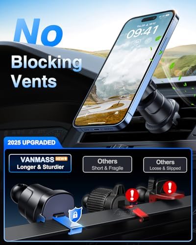 VANMASS Mag Safe Car Mount – 2025 Enhanced Magnetic Phone Holder with Clip Hook for Secure Vent Installation | Universal Cradle for i Phone 16-11 & Samsung Android Devices | Effortless Hands-Free Access for Safer Driving Experience