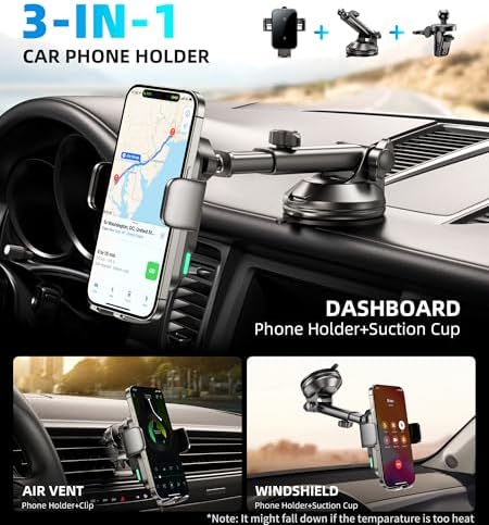 Revolutionary 15 W Dual Coil Wireless Car Charger & Auto-Clamping Phone Holder for Samsung Galaxy and i Phone Series – Effortless One-Handed Operation & Enhanced Compatibility for Safe, Fast Charging on Dash, Vent, or Windshield