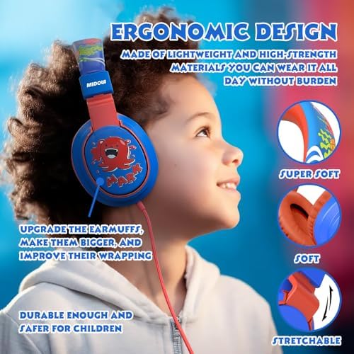 MIDOLA Kids Over-Ear Headphones: Safe Audio Experience with Noise Limitation, Foldable & Travel-Friendly Design, Custom Volume Control (85/110 d B), Built-In Microphone, and AUX Compatibility for School, Gaming, and Family Adventures in Sleek Black
