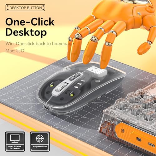 Experience Unmatched Versatility with the Uiosmuph Tri-Mode Bluetooth Mouse – Wireless, USB-C Rechargeable, and Quiet Click Design for Seamless Multi-Device Connectivity – Stylish Transparent Cover and Battery Level Indicator – Perfect for Laptops, Macs, and i Pads – Sleek Yellow Finish for Enhanced Productivity