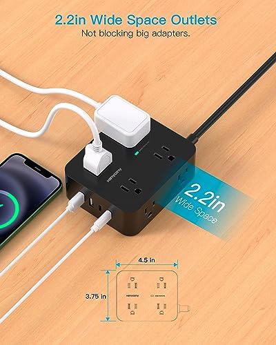 Maximize Your Power Efficiency with HANYCONY 5 Ft Ultra Thin Flat Plug Surge Protector Power Strip – 8 Outlet Extender & 4 Fast-Charging USB Ports (2 USB-C) for College Dorm Room Essentials – 1080 Joules Surge Protection & Wall Mount Design in Sleek Black Finish