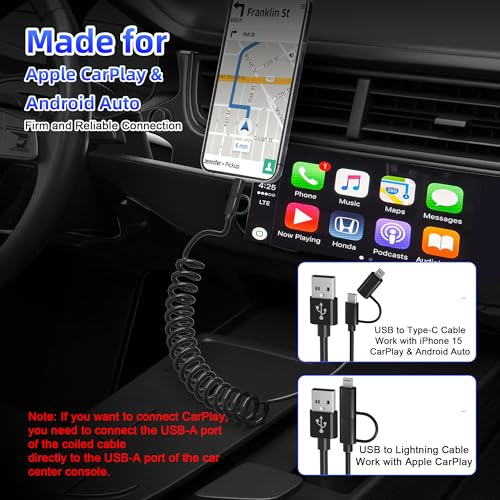 Versatile Coiled USB to USB-C & Lightning Cable Combo for i Phone and Android – MFi Certified Fast Charge & Data Sync up to 3 A – Tangle-Free Design for Apple Car Play & Android Auto Compatibility – Durable, High-Quality Charging Solution for Seamless Connectivity on the Go