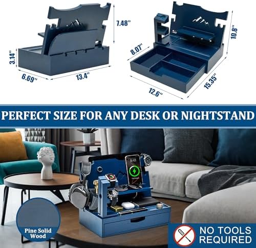 Nightstand Organizer for Men with Large Drawer, Birthday Gifts for Men, Phone Docking Station, Bedside Organizer for Nightstand for Apple Watch, Laptop (Brown, Solid Wood) – Enhanced Compatibility and Speed