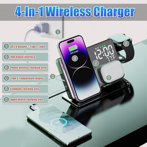 Ultimate 4-in-1 Wireless Charging Station for Apple Devices – 18 W Fast Charge with Integrated Alarm Clock and Temperature Display – Sleek and Efficient Charging Dock for i Phone 12 to 16, Apple Watch, and Air Pods – Stylish, Space-Saving Design for Modern Living