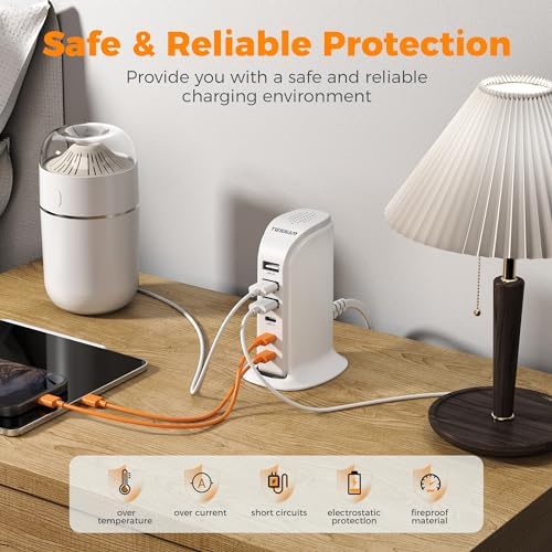 TESSAN 65 W Multi-Device USB Charging Station – Fast Charging Hub for i Phone 13/14/15, Tablets, and Earphones – 6-Port USB-C & USB-A Charger for Home, Office, and Travel – Compact and Safe Design with Overcurrent Protection