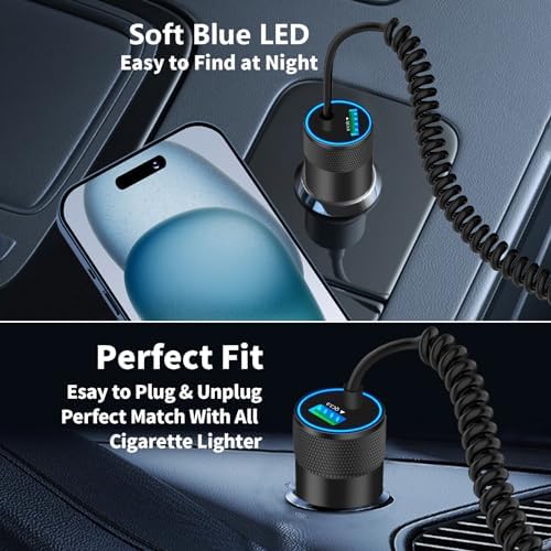 Rombica 105 W MFi Certified Dual USB-C & USB-A Fast Car Charger for i Phone 16 Pro Max – Ultimate Portable Power Solution with 6 FT Coiled Type-C Cable for Rapid Charging on the Go, Perfect for Road Trips and Daily Commuting