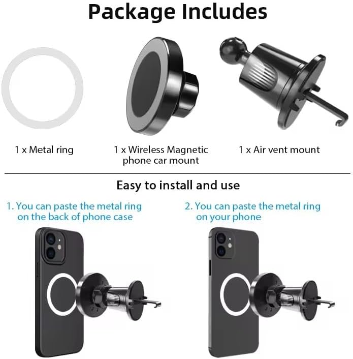 SASHWA 15 W Magnetic Wireless Car Vent Mount – Ultra-Strong Grip & 360° Rotation for i Phone 15/14/13/12 & Android – Fast Charging with Included Cable & Enhanced Compatibility Metal Ring – Secure & Stylish Driving Solution