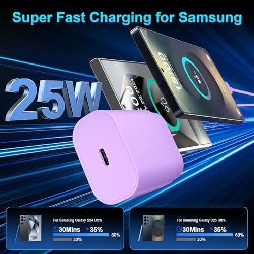 High-Speed 25 W Type C Wall Charger for Samsung Galaxy S25 Series – Includes Dual 10 FT USB-C Cables for Enhanced Flexibility and Safety – Lightning-Fast Charging with Compact Design for Travel Enthusiasts and Everyday Users