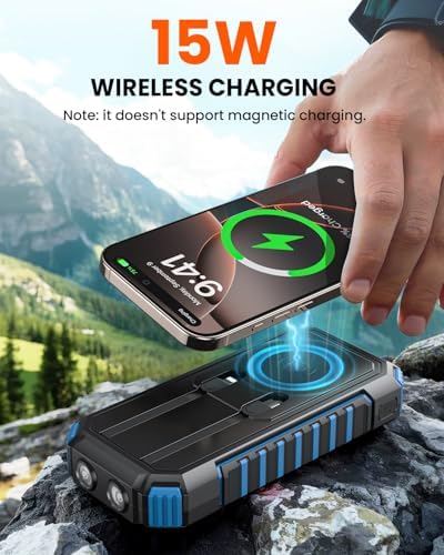 Riapow 27,000 m Ah Solar Power Bank – Ultra-Fast 22.5 W Wireless Charger with Built-in Cables for 6 Devices, Ideal for Outdoor Adventures and Emergency Power Needs – Charge i Phone 16 to 65% in 30 Minutes with High-Capacity Battery and Efficient PD 3.0 Technology – Stay Connected Anywhere, Anytime