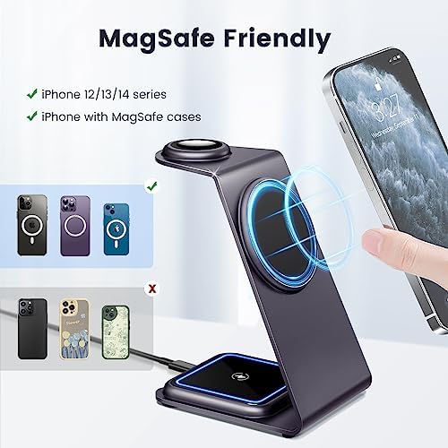 Effortlessly Charge Your Devices with the Stylish Purple Magnetic 3-in-1 Wireless Charging Station for Mag Safe i Phones and Apple Products – Fast, Efficient, and Space-Saving Solution for i Phone, Air Pods, and Apple Watch Users