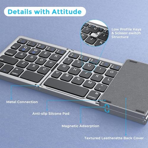 Portable Tri-Fold Bluetooth Keyboard with Touchpad – Rechargeable Multi-Device Wireless Companion for Laptops, i Pads, and Smartphones – Perfect Travel Accessory for Windows, i OS & Android Users – Enhance Your On-the-Go Productivity