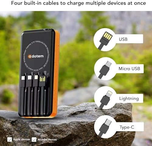Ultimate Portable Solar Power Bank with Integrated Charging Cables – 10,000 m Ah Waterproof Battery Pack for Phones Featuring USB, Micro USB, Lightning, Type-C, and Wireless Charging – Perfect for Outdoor Adventures and Daily Use (Black Blue)
