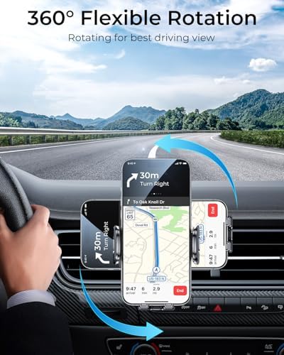 Universal Smartphone Air Vent Car Mount with Dual Metal Hook for Secure One-Hand Use – Sleek Black Design for i Phone & Android Devices, Effortless Navigation & 360-Degree Rotation, Essential Driving Accessory for Safety and Convenience