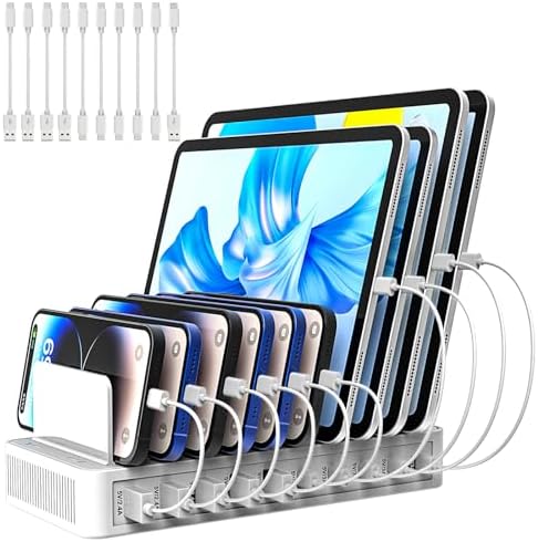 Multi-Device Charging Station with 10 Ports and Smart IC Technology – 100 W Power Dock with Adjustable Dividers and 10 Cables for Efficient Charging of i Phone, Galaxy, i Pad, Tablets – Space-Saving Flat Plug Design for Home and Office Use