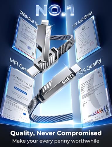 SHEZI 2-in-1 USB C and Lightning Charging Cable – 180 W Fast Charging Solution with 480 Mbps Data Sync – Durable 5 FT Flat Nylon Braided Design for i Phone, i Pad, Samsung and More – Universal Compatibility for Effortless Connectivity