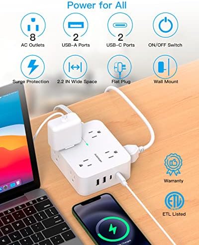 HANYCONY 15 Ft Extension Cord Power Strip with 8 AC Outlets & 4 USB Ports (2 USB-C) – 1080 J Surge Protector for Enhanced Safety, Wall Mountable Desk Charging Station for Home Office & College Dorm Essentials