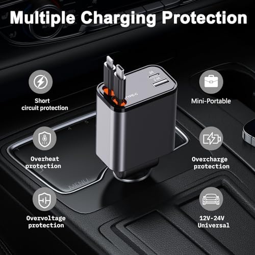 Ultra-Compact 4-in-1 Retractable Car Charger – Dual Type-C and USB Ports, Super Fast Charging for Samsung Galaxy Note Series and More – Multi-Device Convenience for Road Trips and Daily Commutes