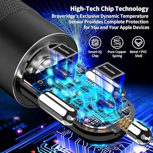 Rombica 105 W MFi Certified Dual USB-C & USB-A Fast Car Charger for i Phone 16 Pro Max – Ultimate Portable Power Solution with 6 FT Coiled Type-C Cable for Rapid Charging on the Go, Perfect for Road Trips and Daily Commuting