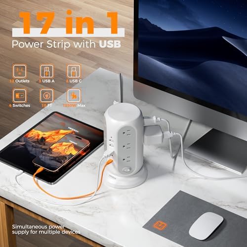 TESSAN Tower Power Strip Surge Protector – 12 Outlets with Individual Switches, 5 Fast-Charging USB Ports (2 USB-C), 10 Ft Flat Extension Cord with Discreet Plug Design – Ideal Multi-Device Charging Station for Office and Dorm Use
