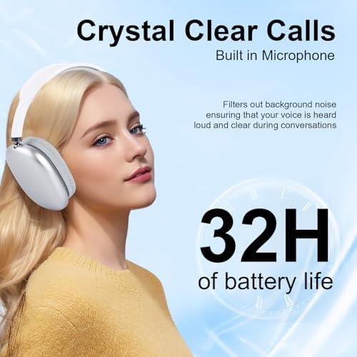 Sleek Silver Premium Bluetooth Over-Ear Headphones with Microphone – Ultimate Versatility for Wireless and Wired Listening, 32-Hour Extended Playtime, Lightweight Foldable Design Perfect for Sports, Gym, Home, and Office Use – Seamless Compatibility with i OS, Android, and Laptops