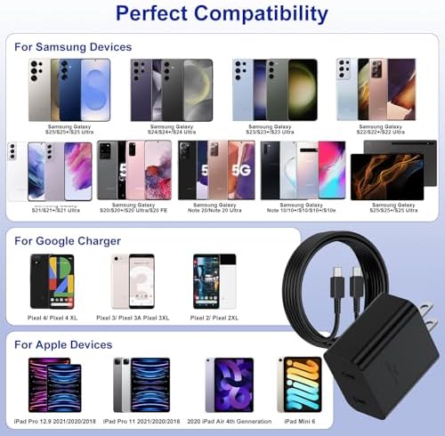 Ultimate 45 W Dual Fast Charger Set with 10 ft Type C Cable – High-Speed USB-C Wall Adapter for Samsung Galaxy S25/S24+/S23 Ultra/S23+/S22/S21/Note 20 – Enhanced Efficiency & Flexibility for All Android Devices