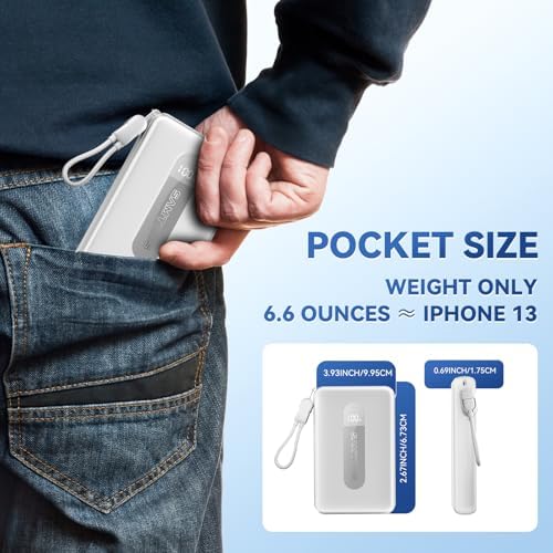 Ultimate 10,000 m Ah Portable Charger with Built-in USB-C Cable – Fast Charging Power Bank for Heated Vests, Jackets, and Outdoor Gear – Essential Battery Pack for i Phone, i Pad, and Android – Compact and Durable Design with Lanyard for On-the-Go Convenience