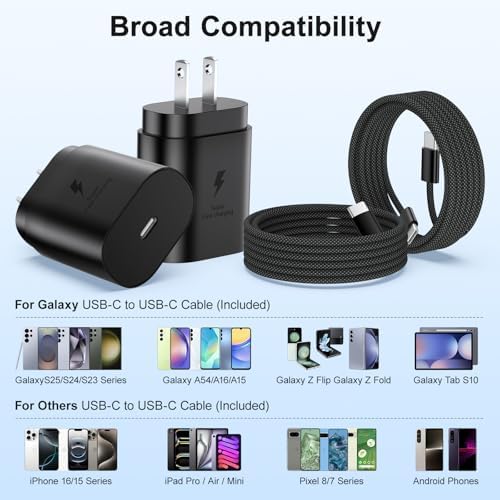 Excgood 25 W Ultra-Fast USB C Charger with 6 ft Durable Braided Type C Cable – Optimal Charging Solution for Galaxy S25/S24/S23/S22 – Dual Pack for Home & On-the-Go – Enhanced Power Delivery with Safety Features