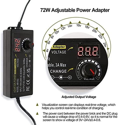 Universal Adjustable DC Power Supply Adapter, 3 V-24 V, 3 A, 72 W – Versatile AC to DC Converter with 14 Interchangeable Tips for Maximum Device Compatibility and Enhanced Performance