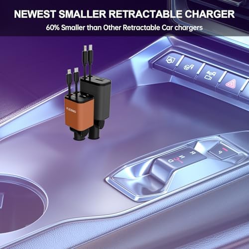 Premium Flexino Compact Retractable Car Charger for i Phone 16 – 69 W Fast Charging with Dual 2.6 ft USB C Cords | Efficient Power Adapter Compatible with i Phone 16/15/14/13/12 Series & Galaxy Devices | Sleek Grey Design for Ultimate Portability and Reduced Cable Clutter