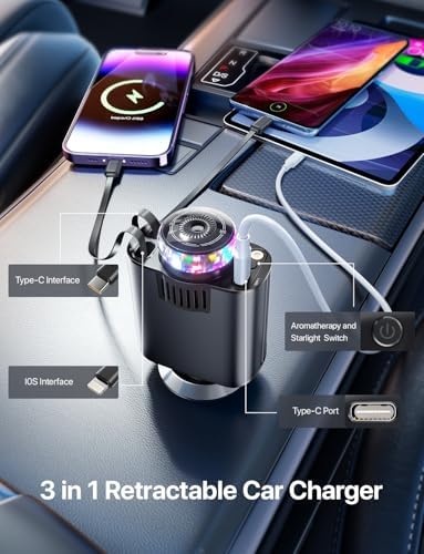 Transform Your Commute: 5-in-1 Retractable Car Charger with Aromatherapy Diffuser & Starlight Ambiance – Fast USB-C and Dual USB Ports for i Phone 12-16 & More – Elevate Your Driving Experience with Stress-Relieving Scents and Efficient Charging