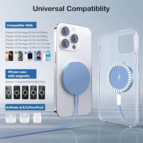 Magnetic Wireless Charging Pad for i Phone 16, 15, 14, 13, 12 & Air Pods 4-2 Pro – Ultra-Thin Aluminum Alloy Design with Strong Magnet for Secure Connection, USB-C/A Compatibility, Perfect for Desk & Travel – Elevate Your Charging Experience with Effortless Convenience and Style