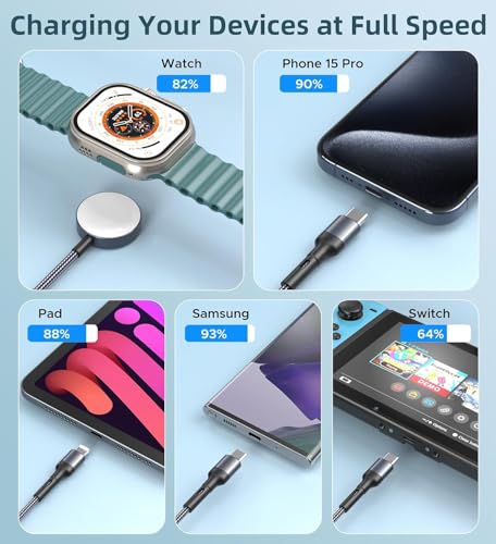 4 FT USB-C Multi-Device Charging Cable Duo for Apple Watch and i Phone – Superior 3-in-2 Charging Solution for i Watch Models and i Phone 16/15/14/13/12/11 & Galaxy S23 – Enhanced Rapid Charging, Exceptional Durability, and Total Convenience for Mobile Users