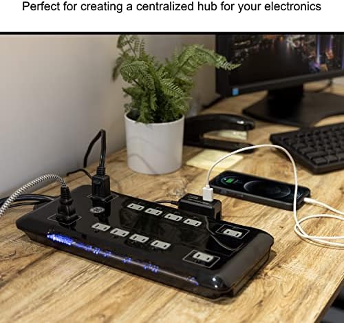 GE Ultra Pro 12-Outlet Surge Protector with 2 USB Charging Ports, 4320 Joules of Protection, 8-Foot Flexible Power Cord, Space-Saving Flat Plug, Enhanced Power Filter, Built-In Circuit Breaker, UL Listed Safety Assurance, Sleek Black Design for Home and Office Electronics