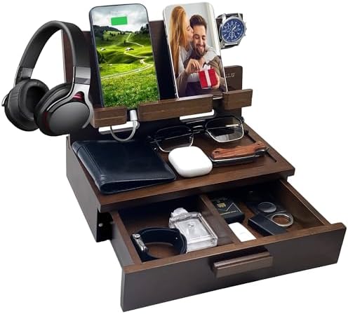 Gifts for Men Women Husband Son Boyfriend Him Nightstand Organizer Wood Phone Docking Station Birthday Gifts (Walnut) – Enhanced Compatibility and Speed