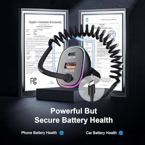 High-Power 90 W USB-C Car Charger for i Phone 16 Pro & Samsung Galaxy – Fast PD & QC 3.0 Charging with 4 ft Coiled Cable, Multi-Port Compatibility for Ultimate Convenience on the Go – Perfect for Long Trips and Daily Commuting