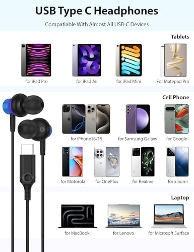 High-Performance USB C Earbuds for i Phone & Samsung – Immersive Hi-Fi Stereo Noise-Isolating Earphones with In-Line Microphone and Adjustable Volume Control – Ideal for Music Enthusiasts and Compatible with Google Pixel 9/8/8 A and More