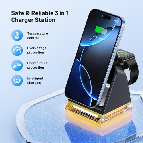 Ultimate 3-in-1 Magnetic Wireless Charging Dock for Apple Devices – Fast 15 W Qi-Certified Charger for i Phone 16/15/14/13/12, Apple Watch Series, and Air Pods – Compact, Durable Design with Non-Slip Base for Effortless Charging on the Go – Perfect Travel Companion for All Your Essential Apple Gadgets
